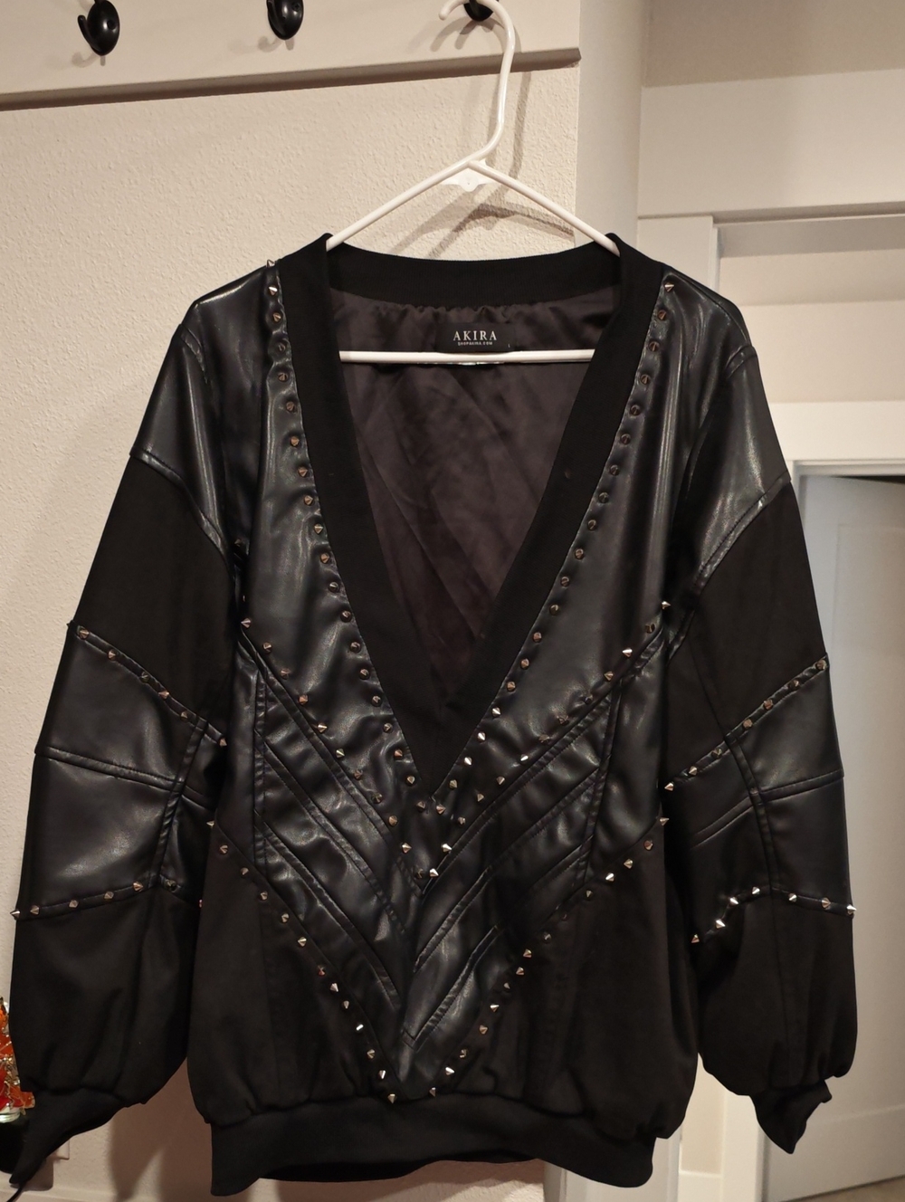 AKIRA Black Studded Faux Leather-Panel Bomber Jacket